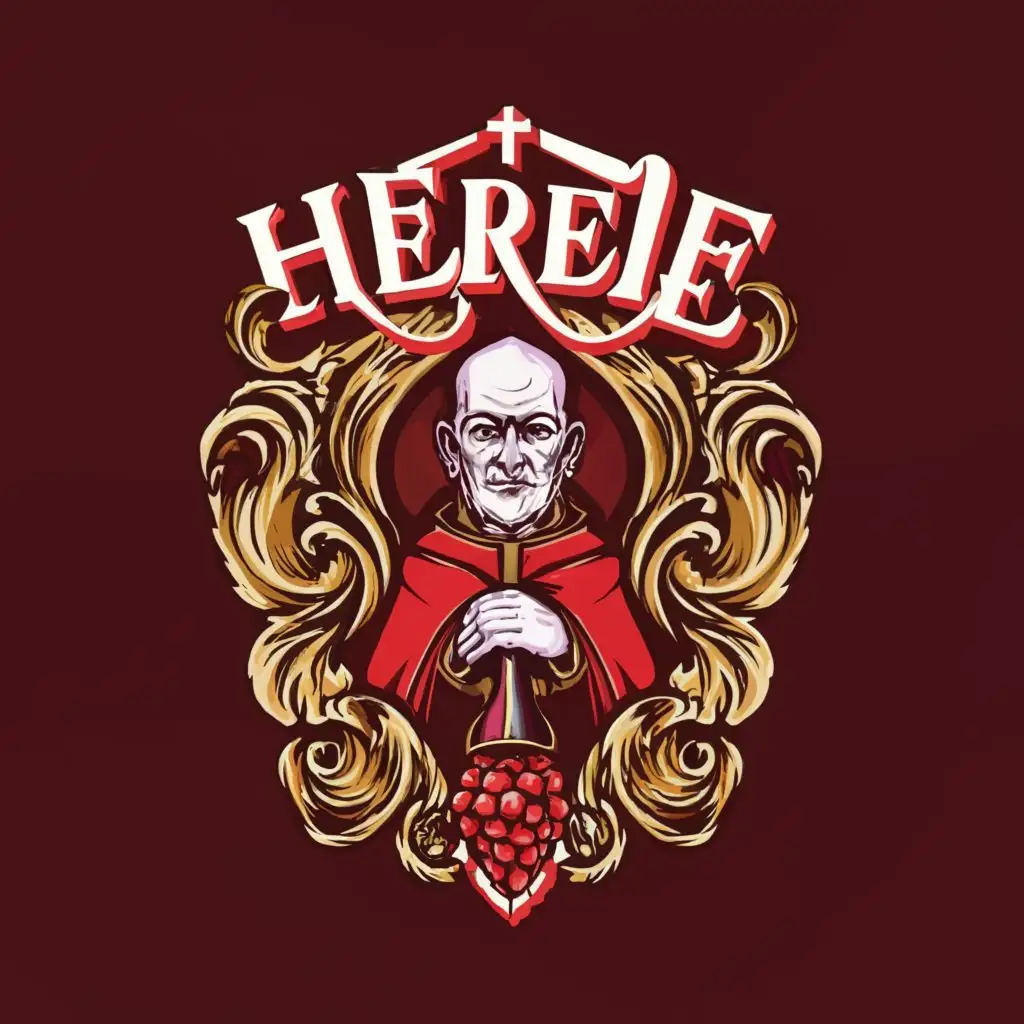 a logo design,with the text "Hereje", main symbol:Pope+skull+wine+greed+sin colors red and purple,complex,clear background