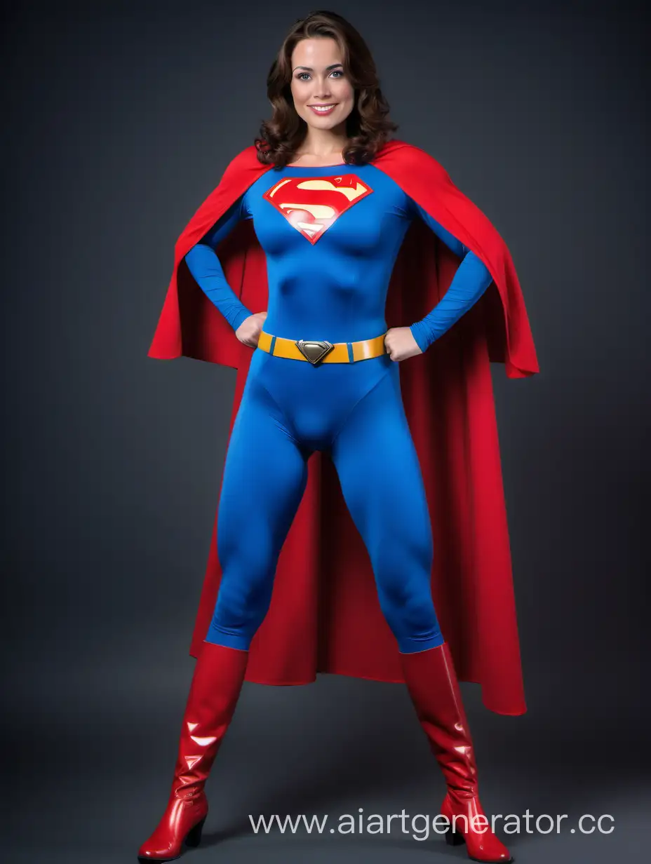 A gorgeous woman with brown hair. Age 30. She is happy and muscular. She is wearing the classic Superman costume from “Superman The Movie", with (blue spandex leggings), (long blue sleeves), red briefs, red boots, and a long cape. She is posed like a superhero: strong and powerful.
