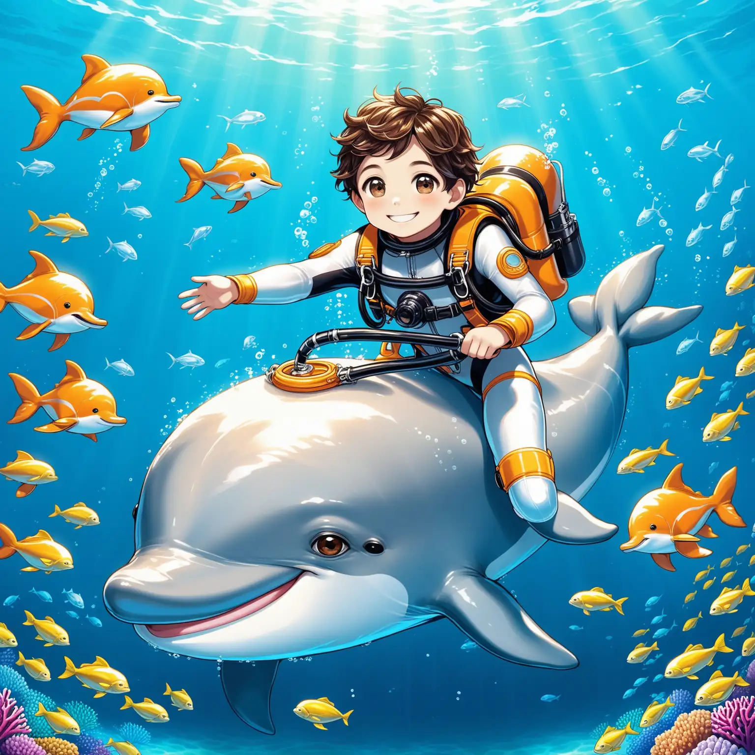 10 years old boy, riding a smiling dolphin in Persian sea, cute, smiling, Persian face, wearing diving suits with diving oxygen capsule, smaller eyes, under the water, few fishes, bigger nose, white skin, brown eyes, neat hair, heavenly.