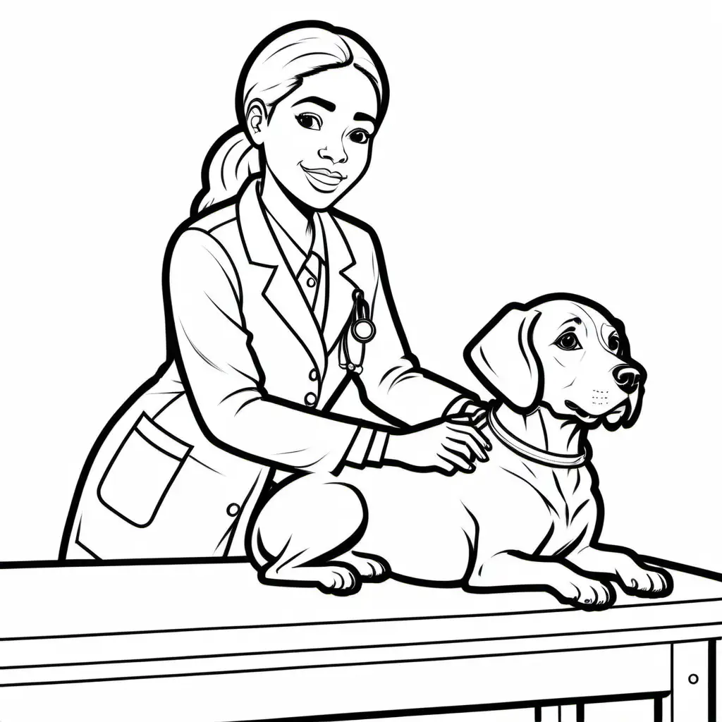 kids colouring page, simple, outline no colour, black lines white background, crisp, african-american, female, veterinarian petting a dog on examination table