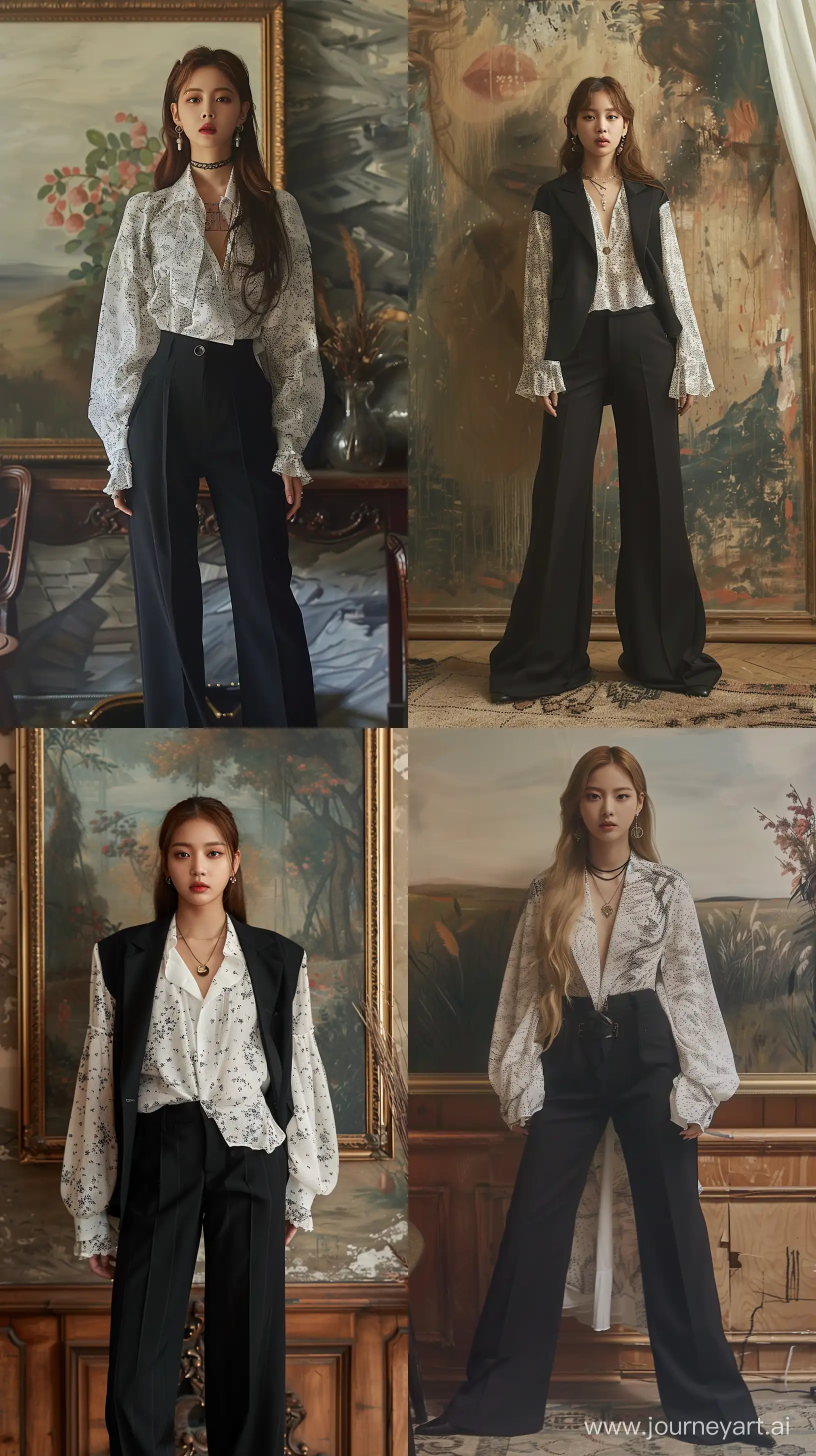 High resolution fashion profile photo of blackpink's jennie,wearing black oversize suit pants and white  motived oversize blouse,standing front of painting,no accssesories no make up,minimalism,in the style of blackpink's jennie, bared face,album covers, flickr --ar 9:16 --style raw --stylize 250 --v 6
