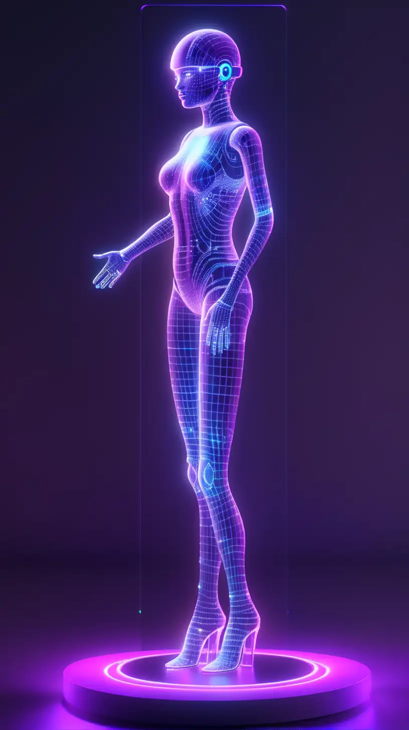 3D ai hologram smart standing up looking ai virtual assistant with holograms bright purple hologram light 