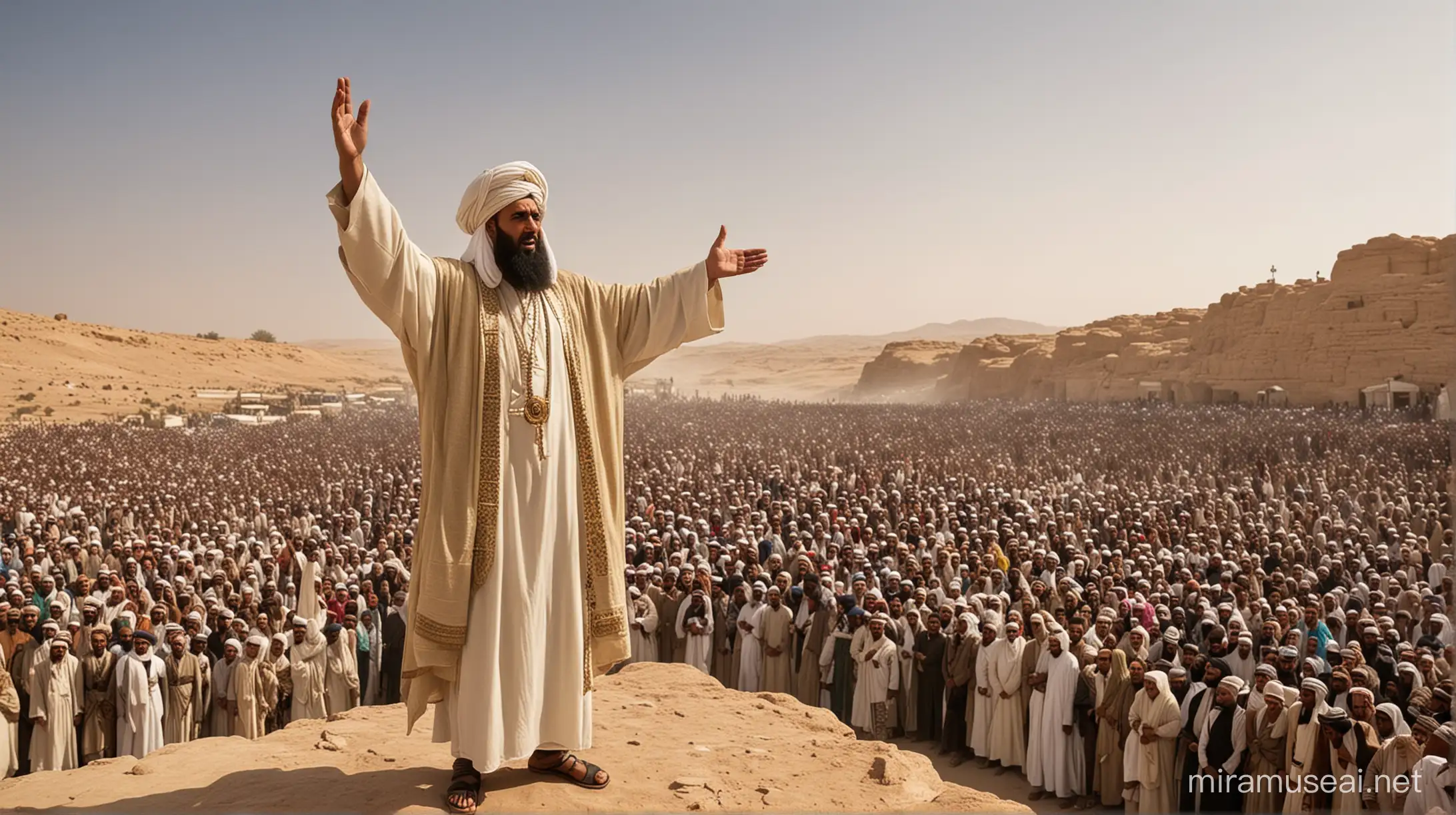 Prophet Saleh (عليه السلام) preaching to the Thamud people: This could show Prophet Saleh standing before a crowd of Thamud people, dressed in garments of the time period. He could be raising his hand in a gesture of preaching, with a determined expression on his face. The Thamud people could be depicted with a mix of expressions, some interested and some skeptical.