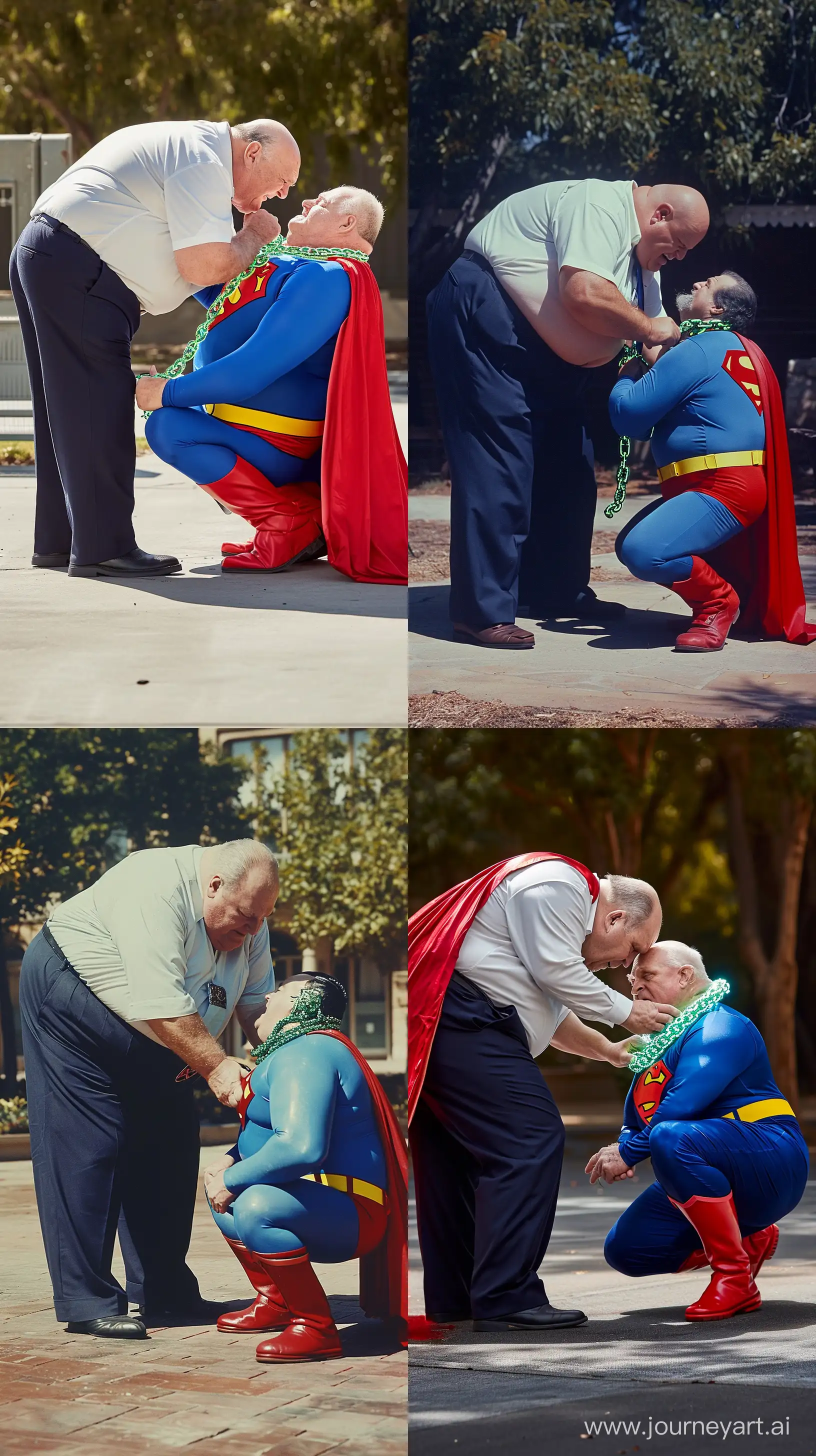 Photo of an obese man aged 70 wearing navy business pants and a white shirt. He is bending over another man dressed in a clean slightly shiny blue superman costume with a big red cape, red boots, blue shirt, blue pants, yellow belt and red trunks kneeling, and tightening a heavy glowing green chain collar around his neck. Outside. --style raw --ar 9:16 --v 6
