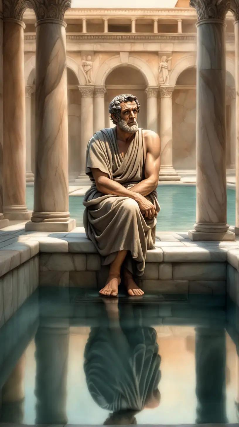create a realistic image of a stoic philosopher, lifelike skin textures, in ancient Rome sitting alone at the edge of a tranquil reflecting pool in a public bathhouse, in a color painting style