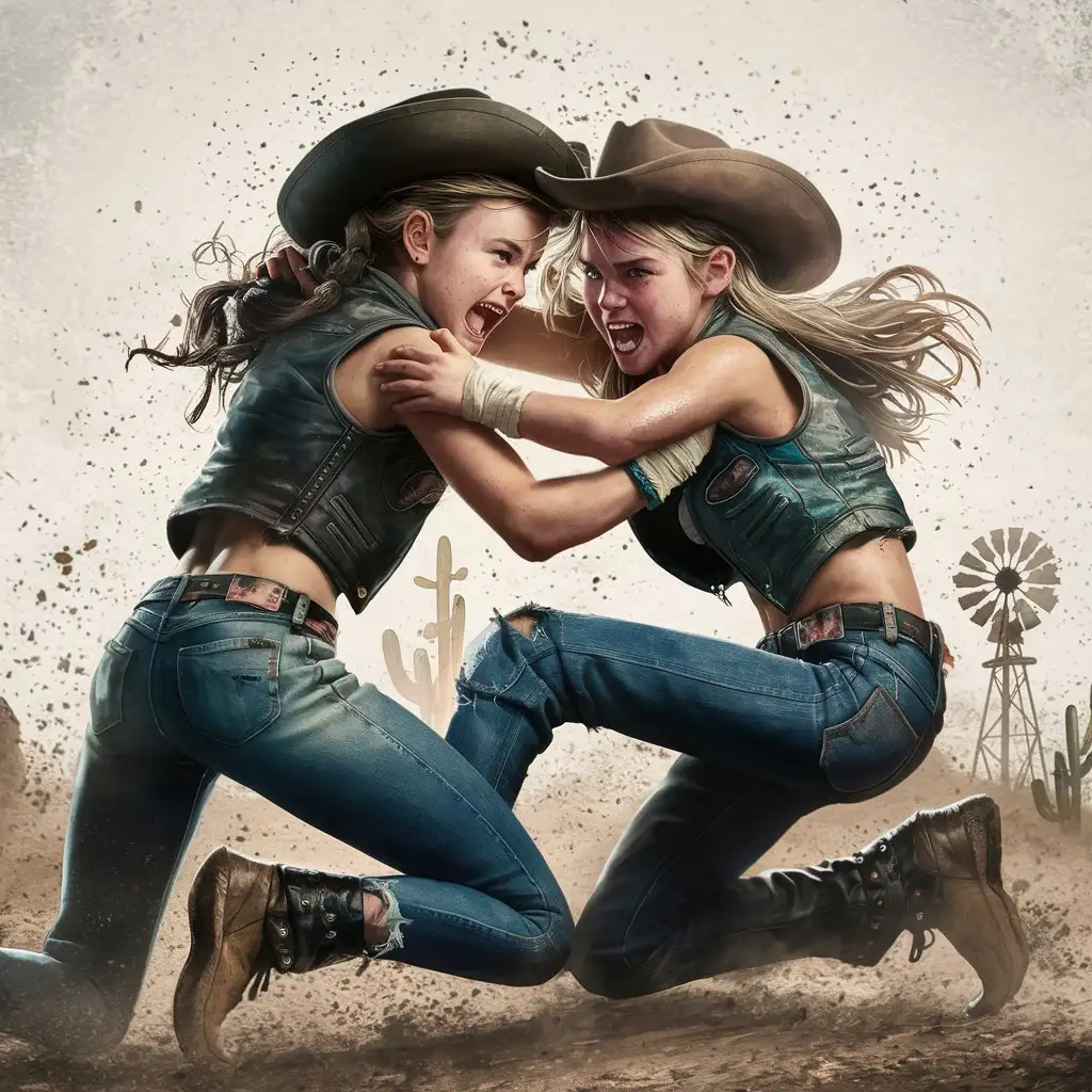 two teen girl cowgirls wearing jeans and leather vest  in a fistfight wrestling fight