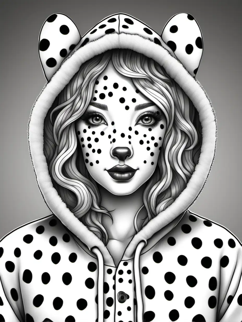 adult coloring book, black and white, best linework, high details, no color. 3D comfortable woman wearing a fluffy dalmation onesy with hood and floppy dog ears with spots painted on face.