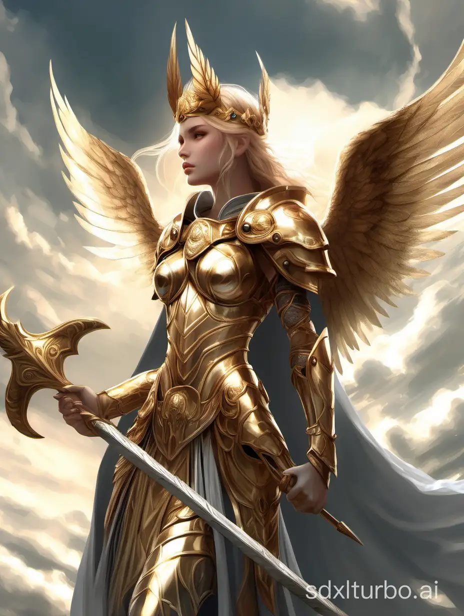 1girl, valkyrie in gorgeous armor is holding a spear in hand, (side view, solo:1.1), standing, golden laurel wreath crown, goddess, pale skin, beautiful face, armored dress, wings, looking at viewer, cloudy sky, holy light, light from clouds, fantasy theme