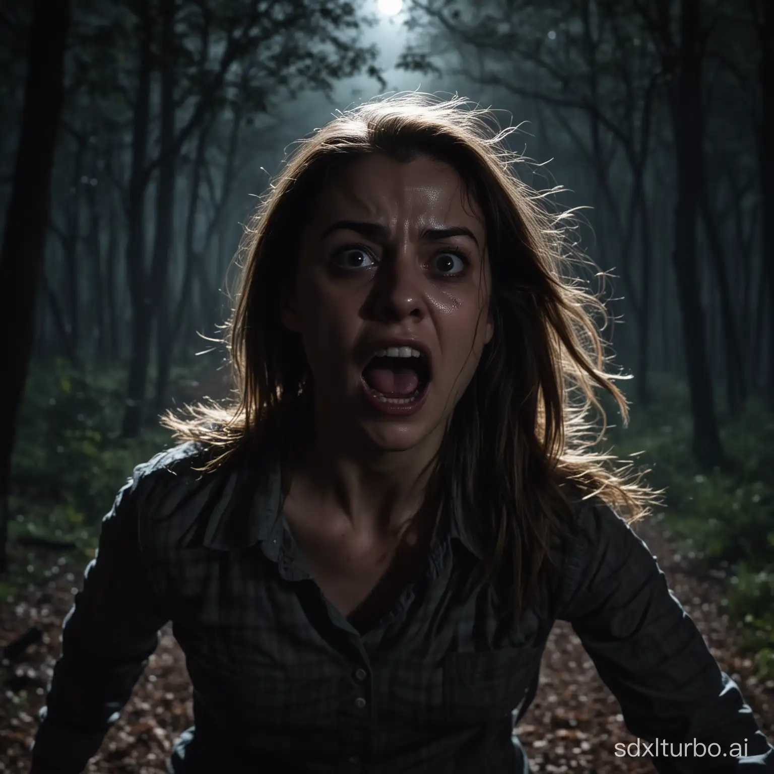 scared, terrified, desperate, hurt, bruise, cut, blood, chased, chased by predator, running, looking back, trying to escape, woman screaming, wide scared eyes, shot from behind, head turned to look back, dark night woods background, moonlight, full of fear, disturbing