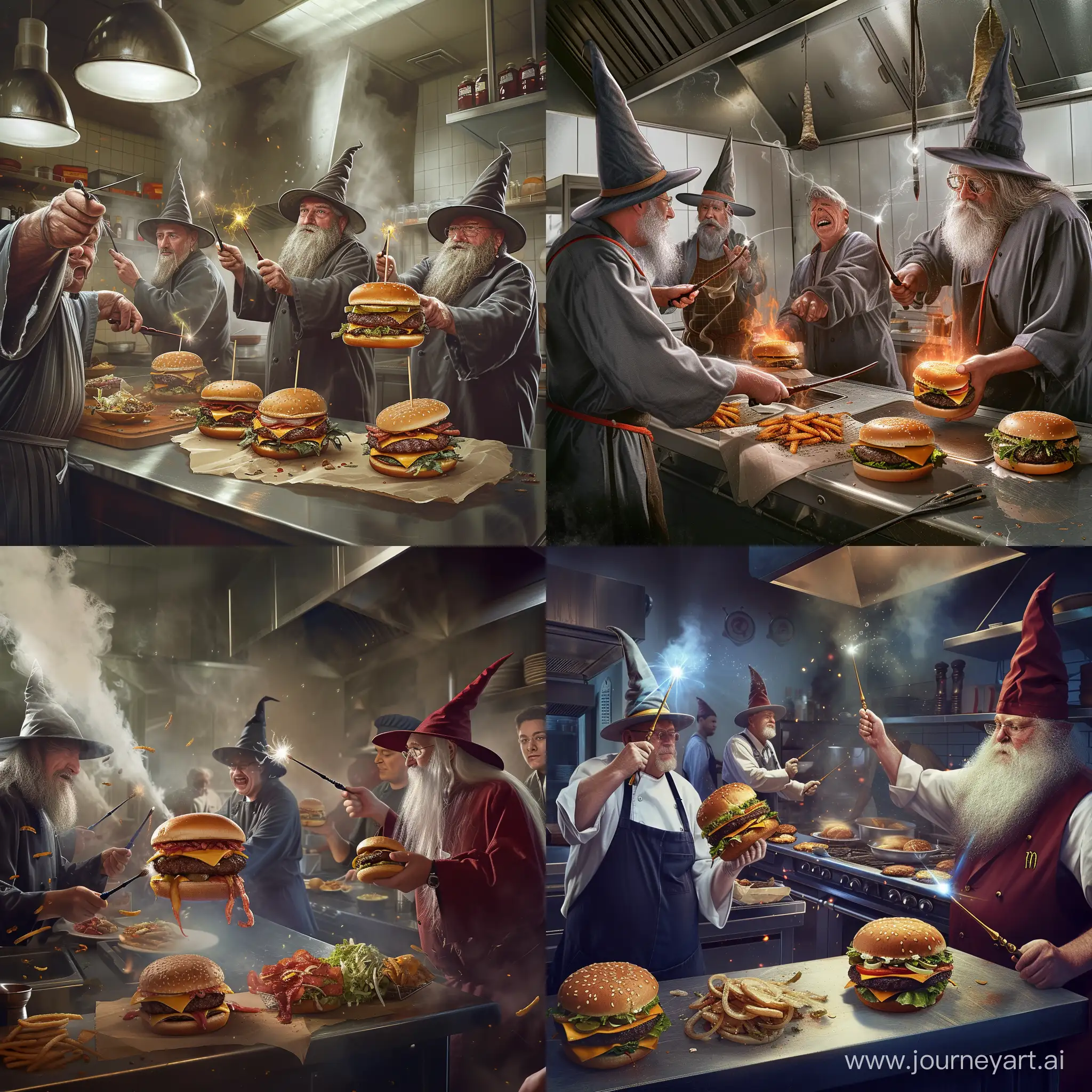 реалистичное изображение колдунов в фаст фуде на кухне с посохами и заклинаниями которые мешают поварам готовить бургеры