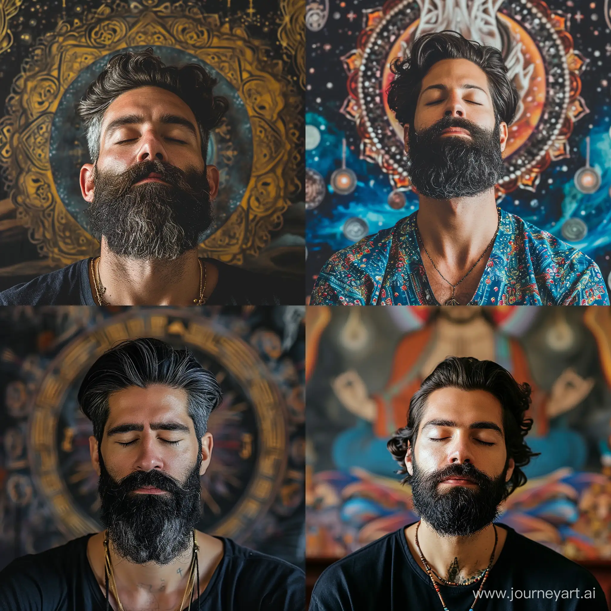 man with beard and hair meditates, on background mystical art --style raw