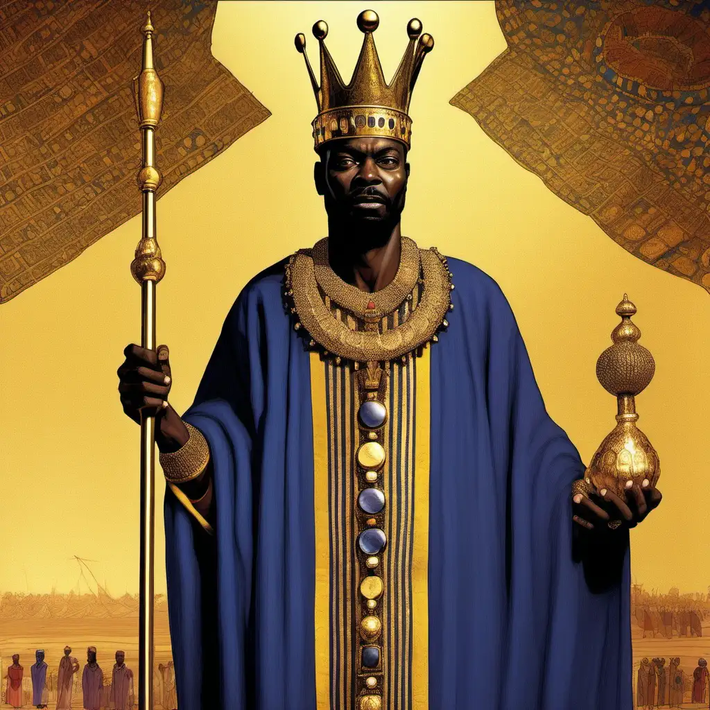 Image of Mansa Musa, the ruler of the Mali Empire in the 14th century. He should be standing, displaying a regal and dignified posture. Musa is holding an elaborately decorated golden scepter in one hand, symbolizing his wealth and power. His other hand can be lightly resting on his waist or hanging by his side. He wears a king's crown, intricately crafted and jeweled, reflecting his majesty and status. Around his neck, there are several shiny gold necklaces. Mansa Musa's expression is serene and confident, conveying his wisdom and leadership. The background should be neutral or nonexistent, focusing all attention on Mansa Musa.