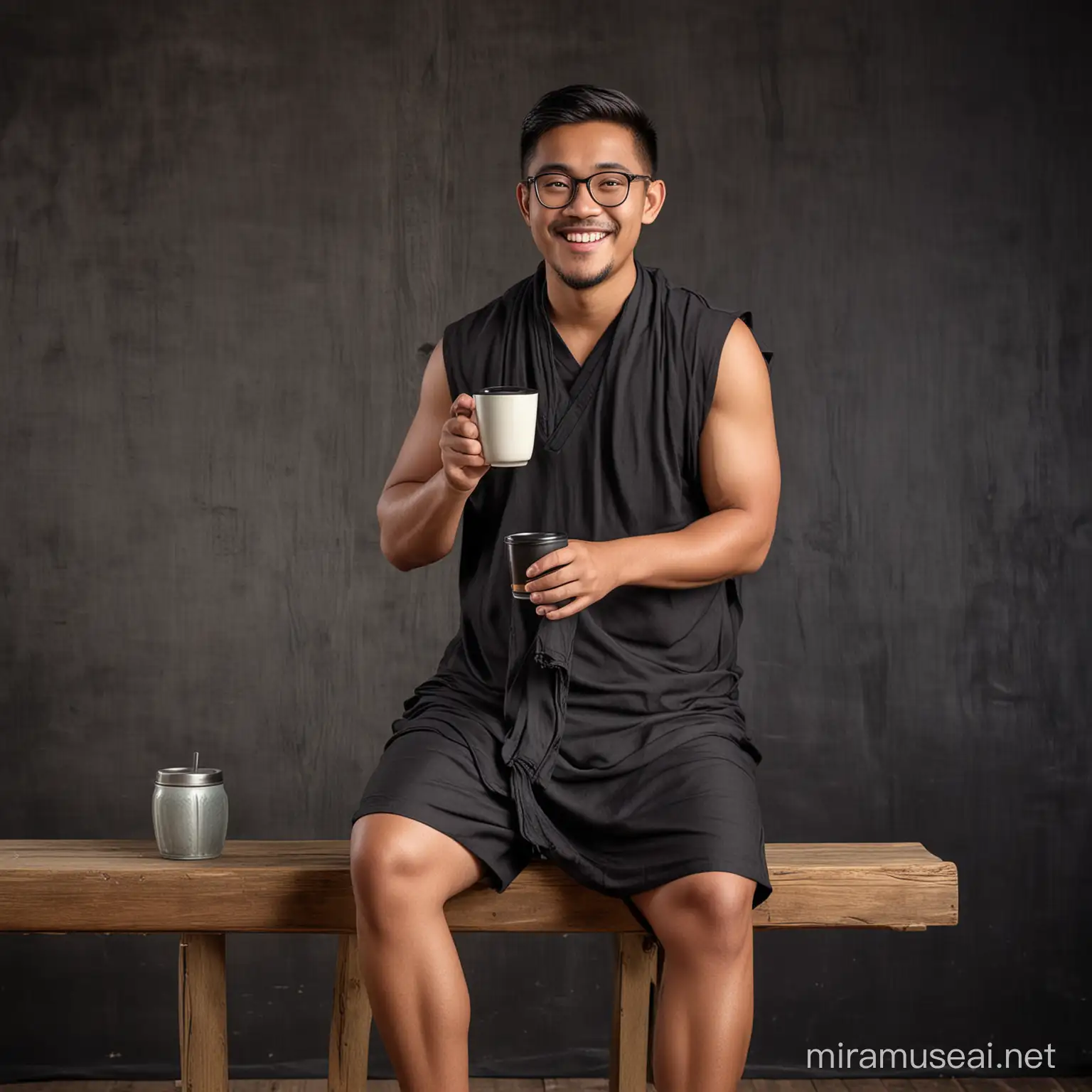 seorang lelaki  memakai  kacamata bulat usia 30 tahun, badan sedikit gemuk, wajah indonesia, memakai , baju hitam, memakai sarung, memakai sandal, duduk, di bar stool kayu, tersenyum, sambil membawa secangkir kopi hangat, latar rustic warna hitam photography, UHD. 