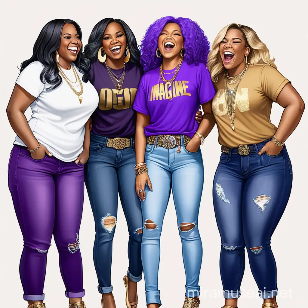 /imagine 3 black 30 year old females in jeans and purple, gold and white shirts. With different length hair and iced out jewelry. Standing up laughing