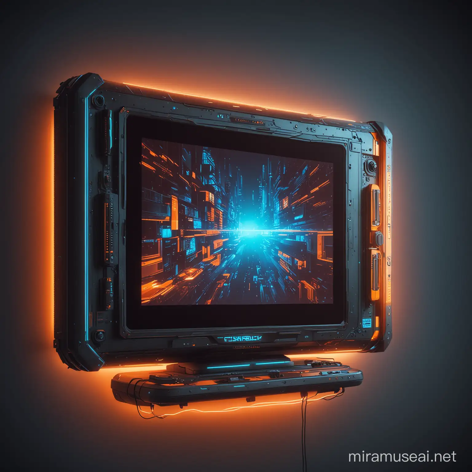 cyberpunk big screen tv floating, three quater view, orange and blue hue
