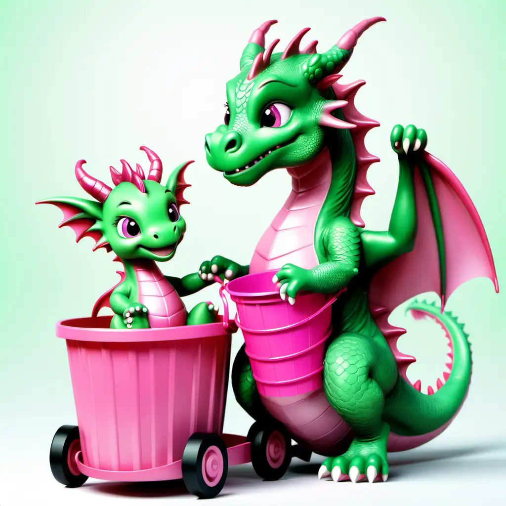 Joyful Green Dragon Carrying Pink Bucket Cart with Baby Dragon