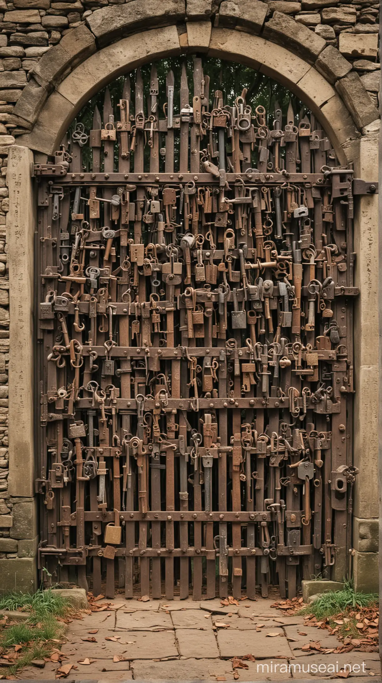 یک دروازه‌ای پر از قفل های باستانی و در کنار آن کتاب و کلید و سلاح و یک انسان نقابی