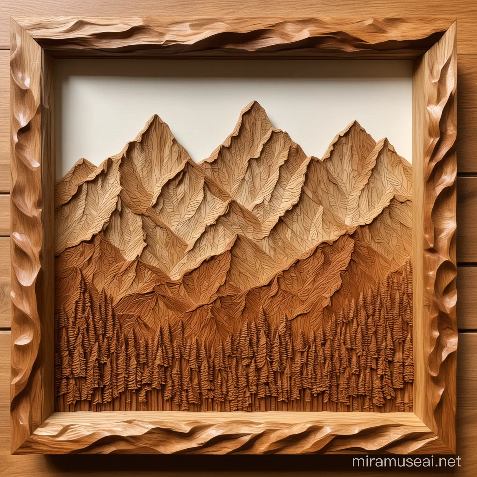 mountain range, carved wood , textured, 2d ,leaf textured frame