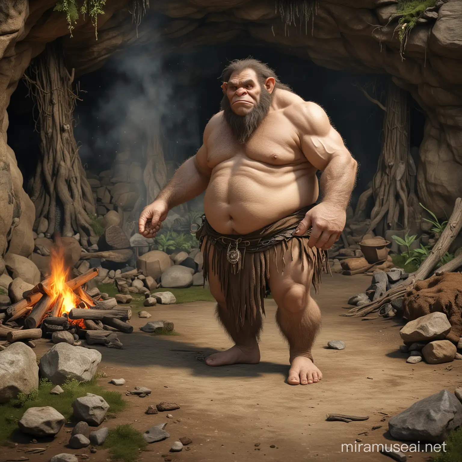 troll,loincloth,chubby,barefoot,hairy,loincloth,forest cave background,primitivism,giant feet,camp fire,realistic