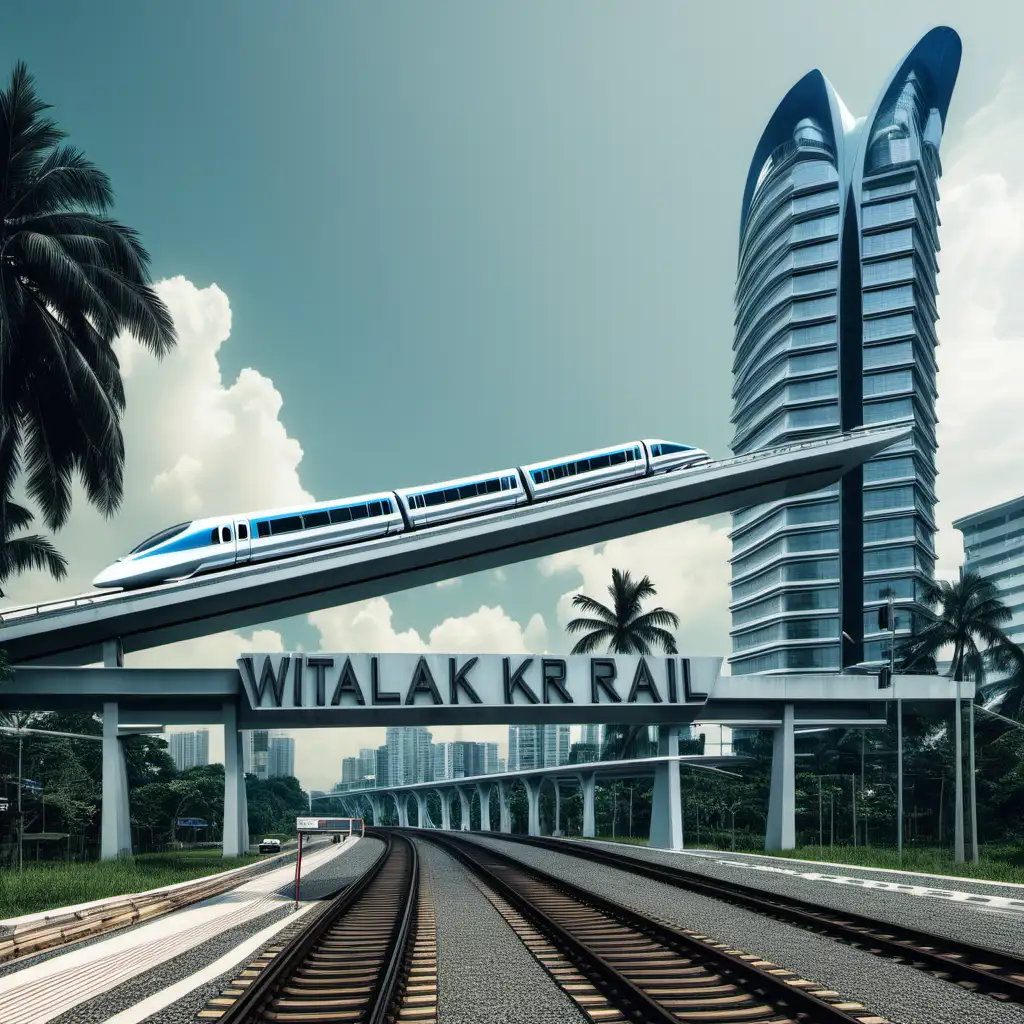 Sign board witten "Kuala Krai" looks futuristic with high rise building and bullet train