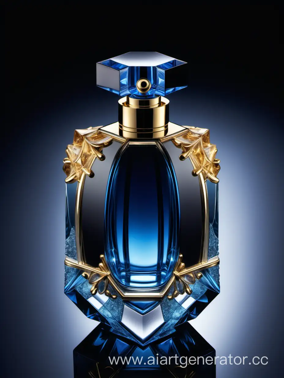 Elegant-Crystal-Clear-Perfume-Bottle-in-Blue-Black-and-Gold