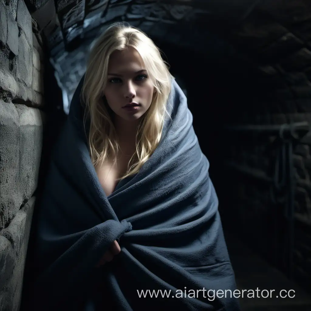 красивая светловолосая девушка закутанная в одеяло в подземелье. 