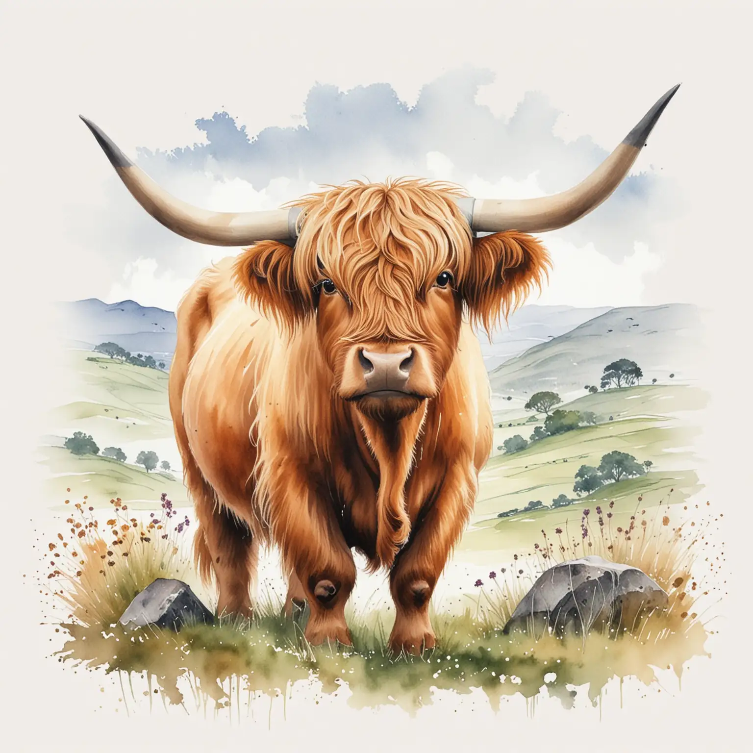 highland cow scene, Watercolour drawing, cute, isolated on white background, suitable for Clip Art