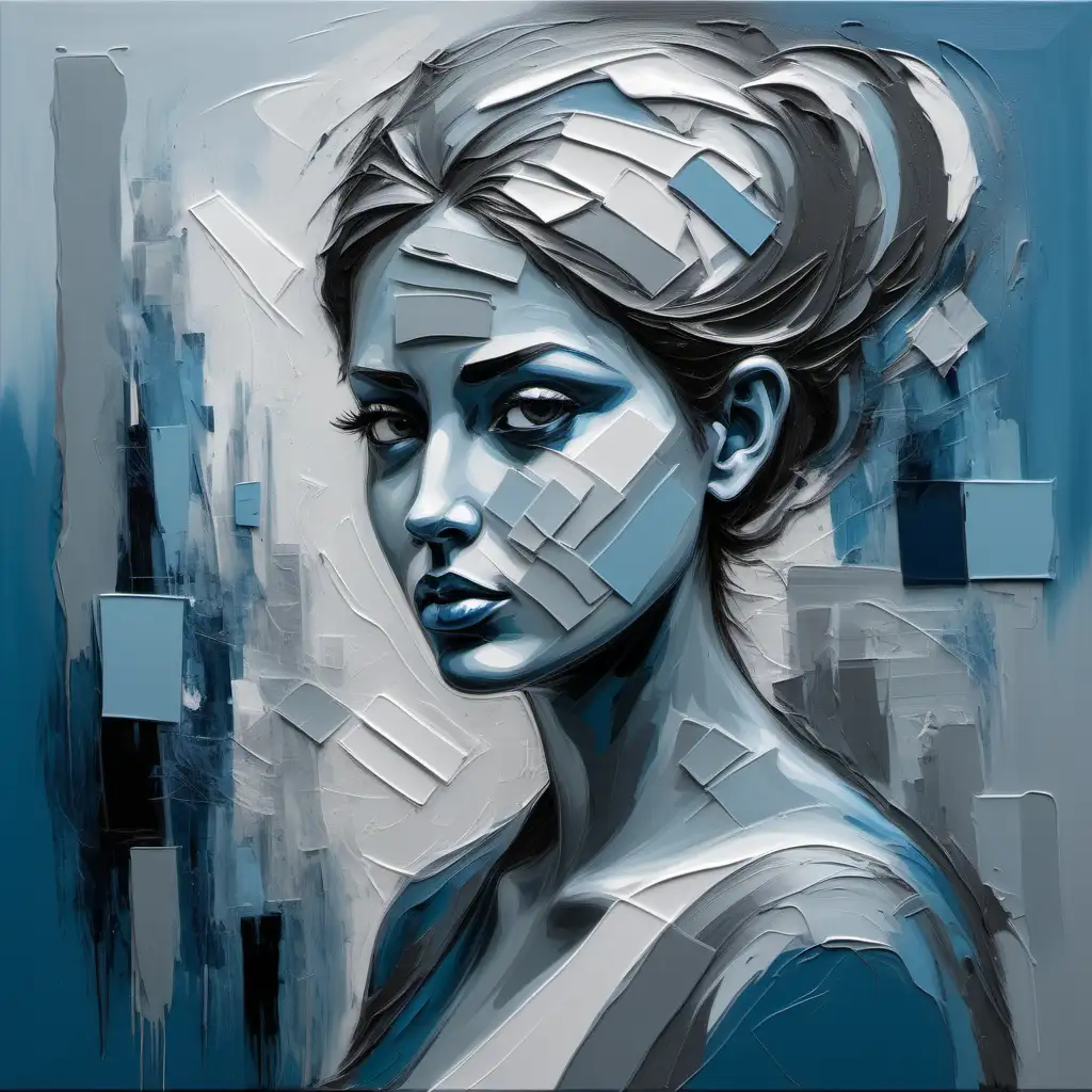 Create an abstract of a modern working woman who is confused  Incorporate subtle colors, primarily grey and blue to evoke sense of empathy and understanding. 
