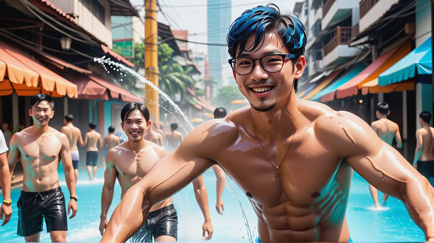 AI drawing prompt: glasses wearing android hunk Lancelot is having a great time in Songkran festival. His aquamarine eyes sparkling, short navy blue hair damped, shirtless body glistening as all the hot gay men around him  are shooting  water against each other on the streets of Bangkok. 

Lancelot's shirtless physique glistens under the sunlight, his muscular frame highlighted by the droplets of water clinging to his skin. With a water gun in hand, he joins in the playful chaos, engaging in spirited water fights with the other festival-goers.All around him,  Thai hunks  laugh and shout as they drench each other with water, their faces lit up with joy and camaraderie. The streets are alive with the sounds of splashing water and cheerful banter, creating a vibrant and energetic atmosphere.