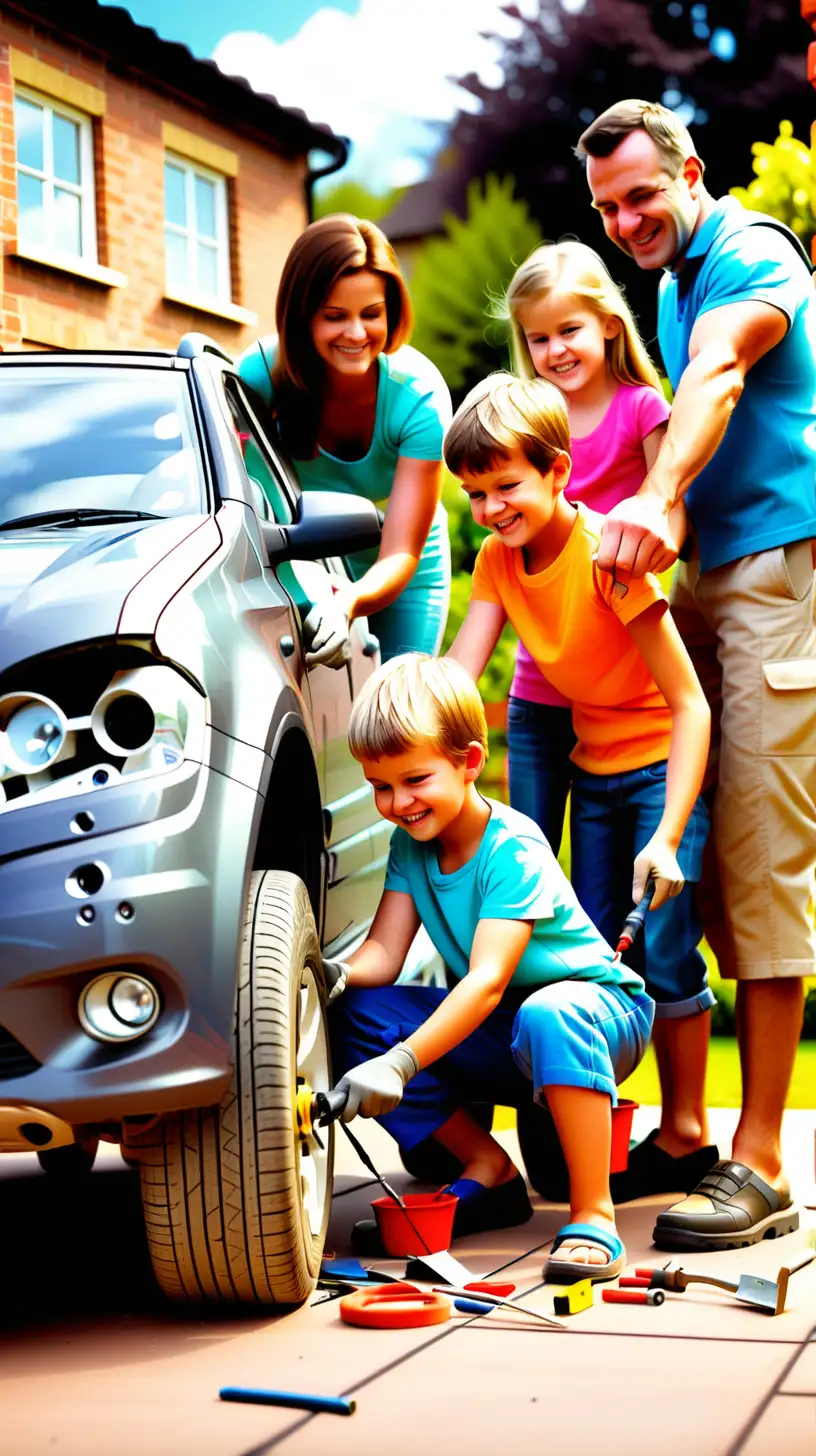 a family carrying out DIY repairs on their car