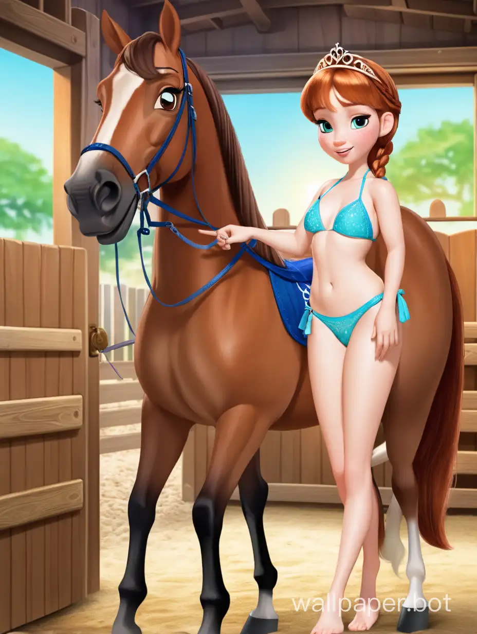 Princess Anna is in the horse stable.
She cannot ride the horse.
She is wearing bikini.