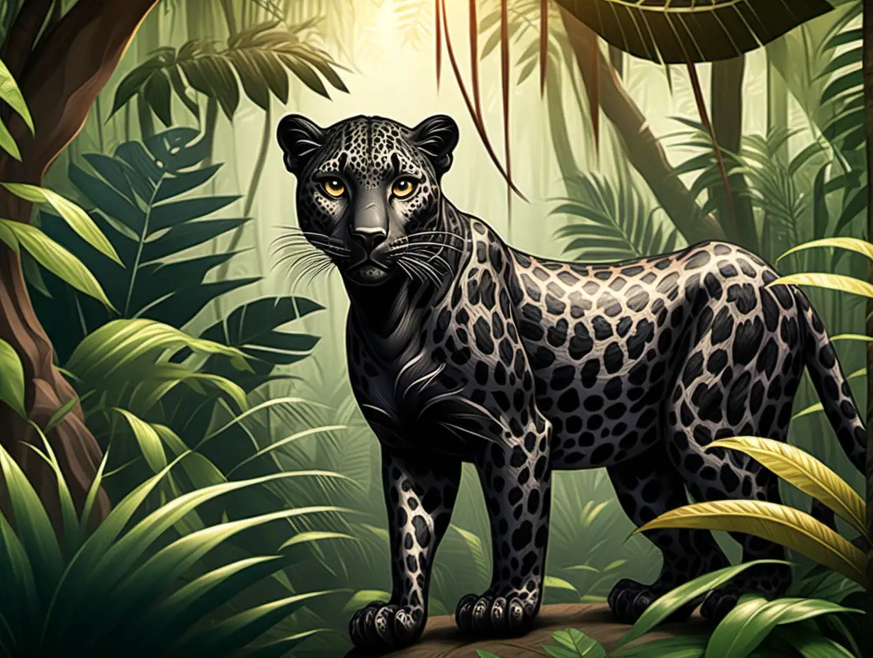 a black friendly female leopard in the jungle for a children's book