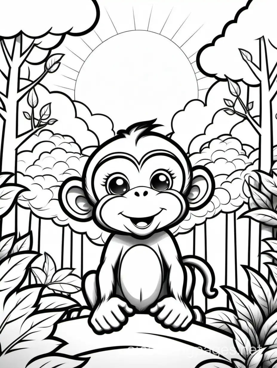 Cute monkey, forest background, sun, clouds, Coloring Page, black and white, line art, white background, Simplicity, Ample White Space. The background of the coloring page is plain white to make it easy for young children to color within the lines. The outlines of all the subjects are easy to distinguish, making it simple for kids to color without too much difficulty