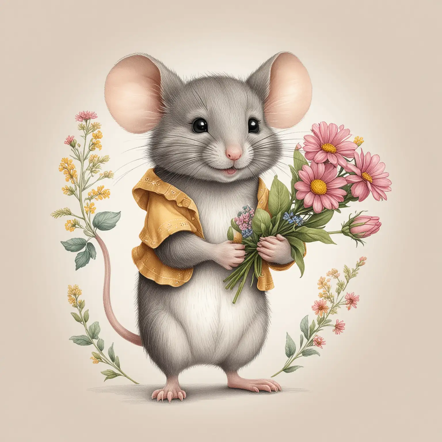 Adorable Mouse Holding Flowers Cute Pencil Drawing Clip Art