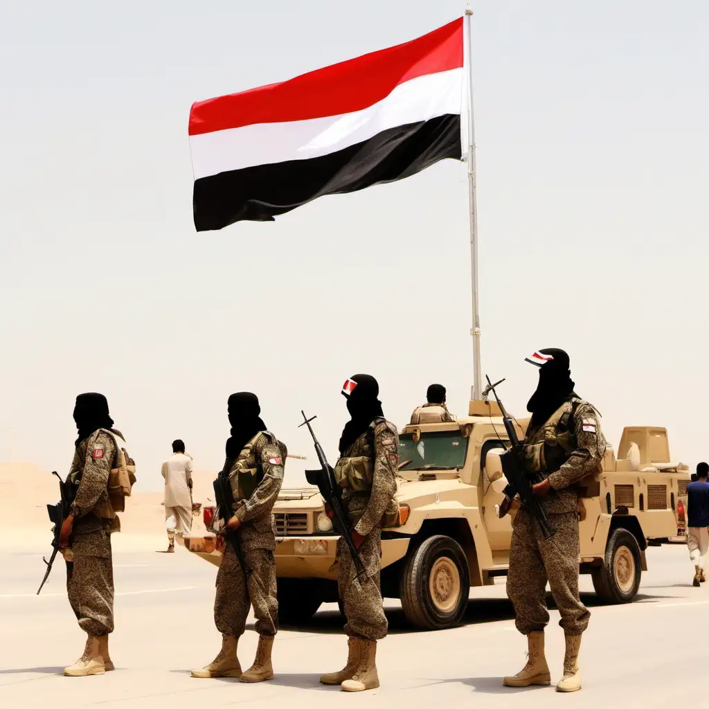 Yemeni army with the Yemeni flag in Saudi Arabia.