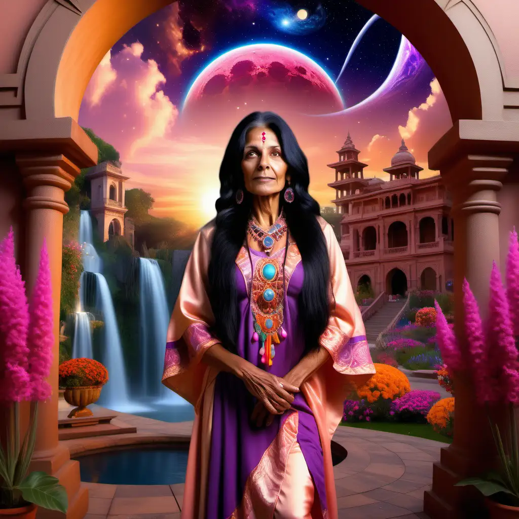 a starseed old astrologer woman with tanned skin, spanish, long black hair, traditional spanish dress, she comes from the future, fantasy garden, there are planets above her head and the sun is blazing down bright, there is an archway, indian themed building, waterfall, peach pink purple indian flowers and sunset