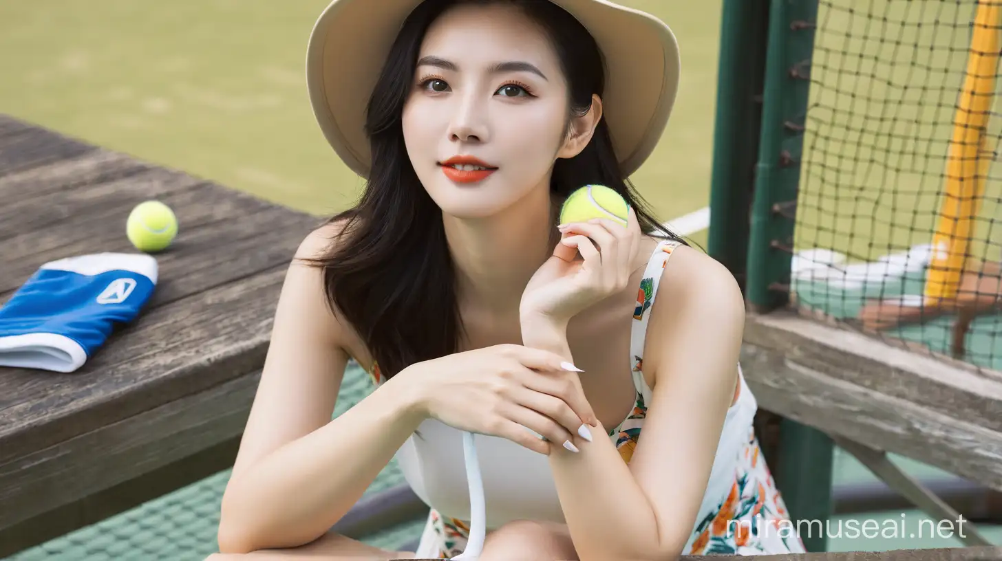 Elegant Chinese Woman Relaxing at the Tennis Court