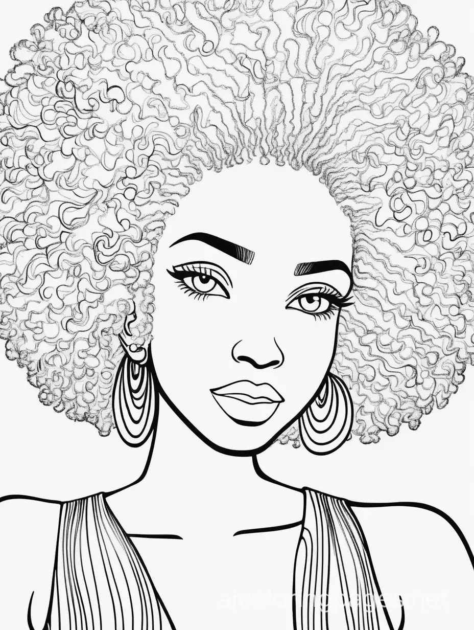 Afro beautiful woman, Coloring Page, black and white, line art, white background, Simplicity, Ample White Space. The background of the coloring page is plain white to make it easy for young children to color within the lines. The outlines of all the subjects are easy to distinguish, making it simple for kids to color without too much difficulty