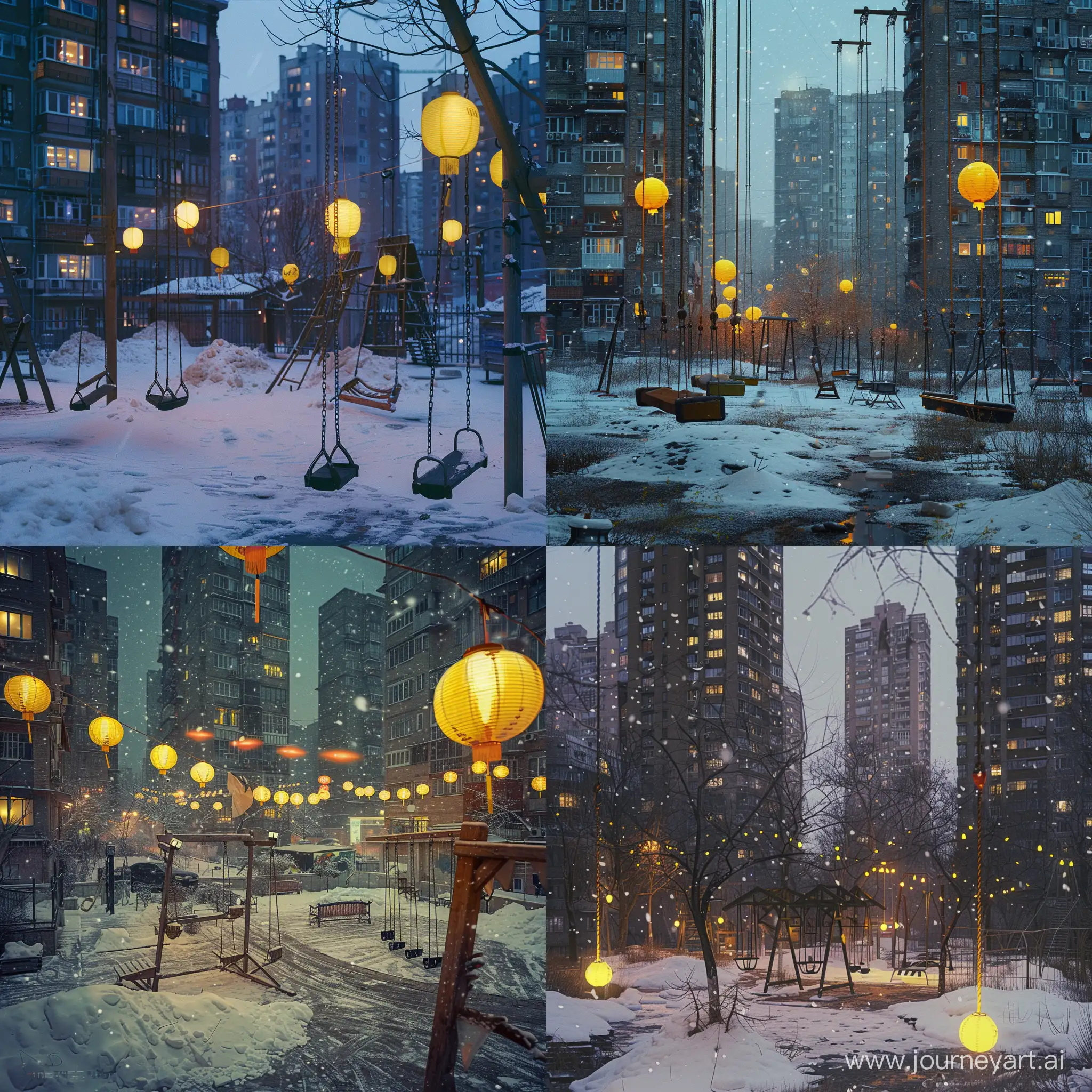 Evening-Nostalgia-Winter-Scenes-with-Highrise-Buildings-and-Yellow-Lanterns