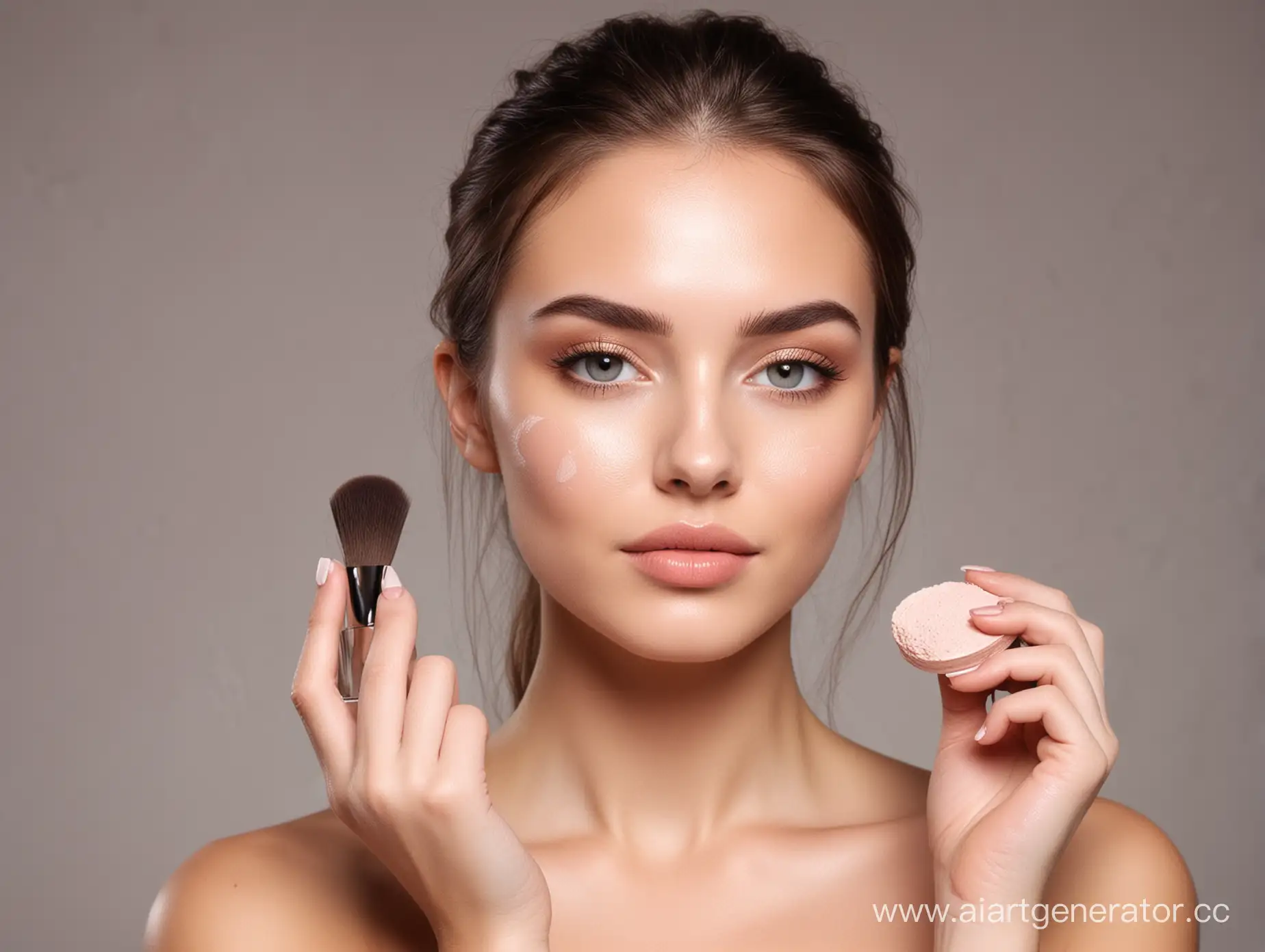 a girl in her hands with a brush and face powder 
