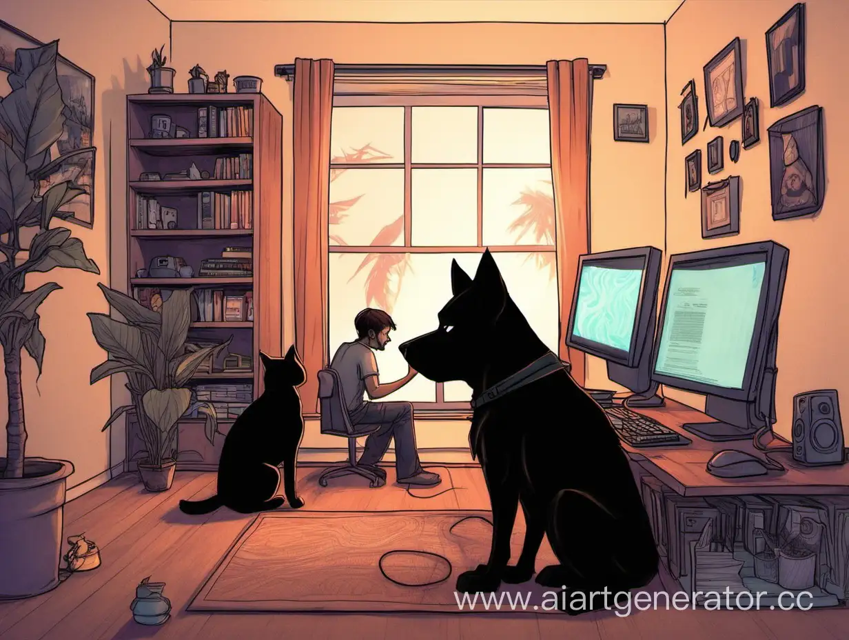  мужчина по имени Саша сидит за кмопьютером и играет в доту, а в комнате рядом есть черная  собака и рыжий кот