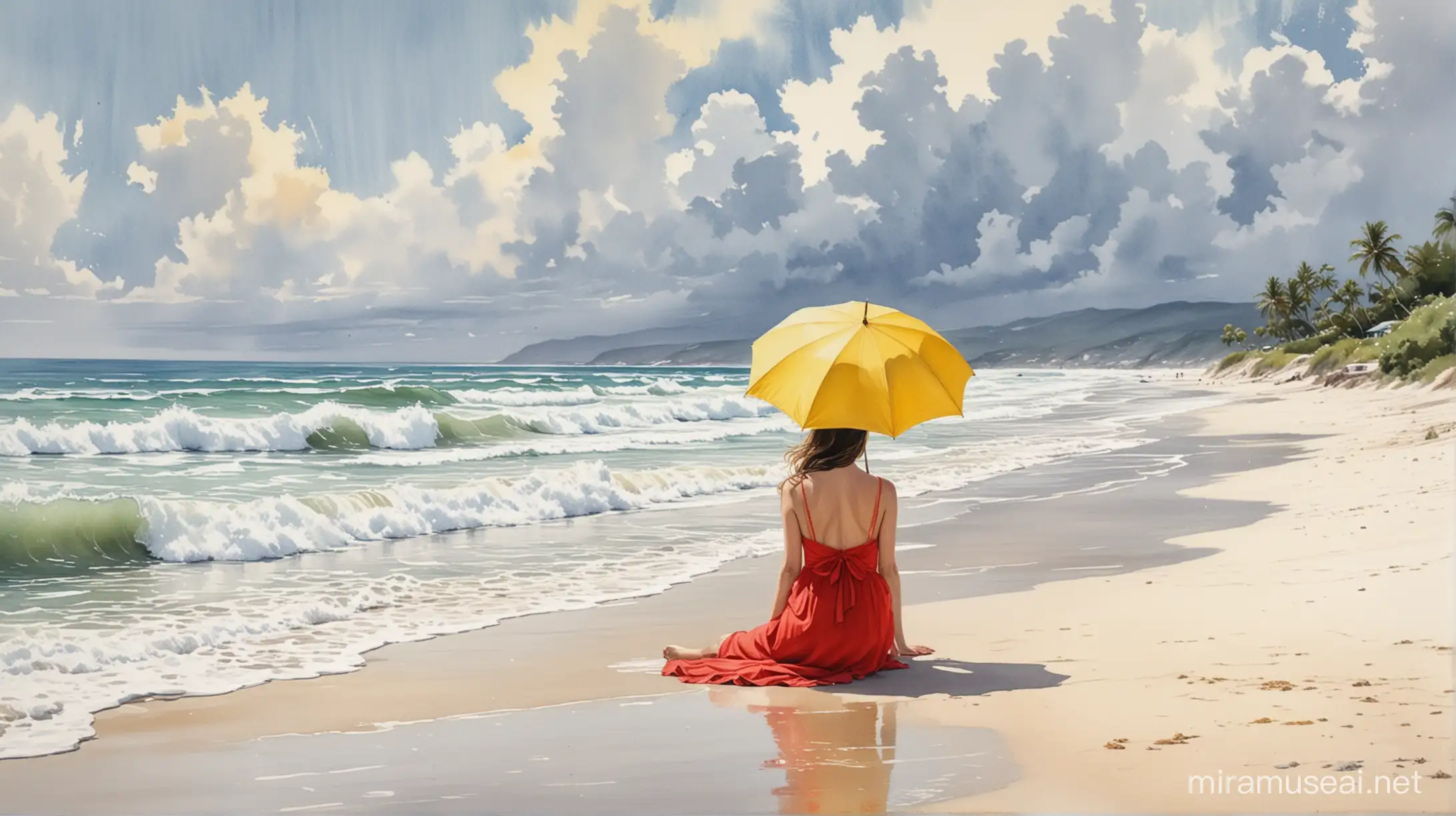 a water color painting of a panoramic view of the ocean with soft white sands in the front and a lady in a bright red dress sitting on the beach looking at the waves crashing with a yellow umbrella over her shoulder