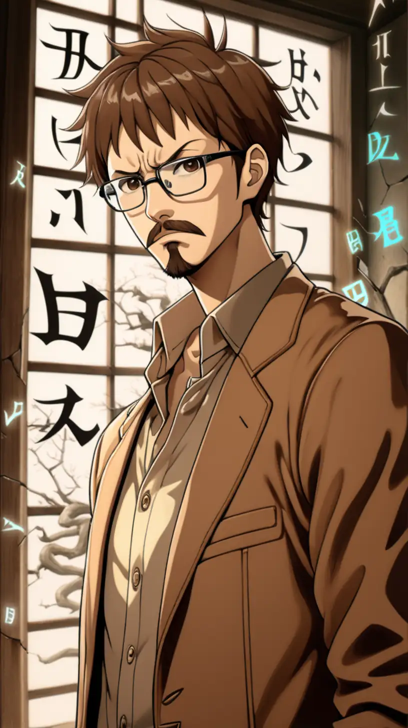 main character from anime "B: the beginning", short brown  hair, brille,  hell-braun shirt, brown jacket, goatee and moustache, concentrated and serious, broken window with japan runes on background,  anime style