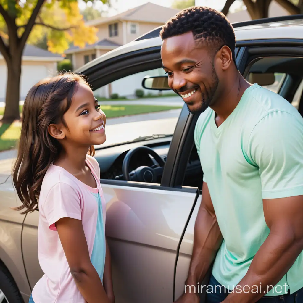 36 year old brown african american man smiling leaning on car telling his 12 year old daughter to get in