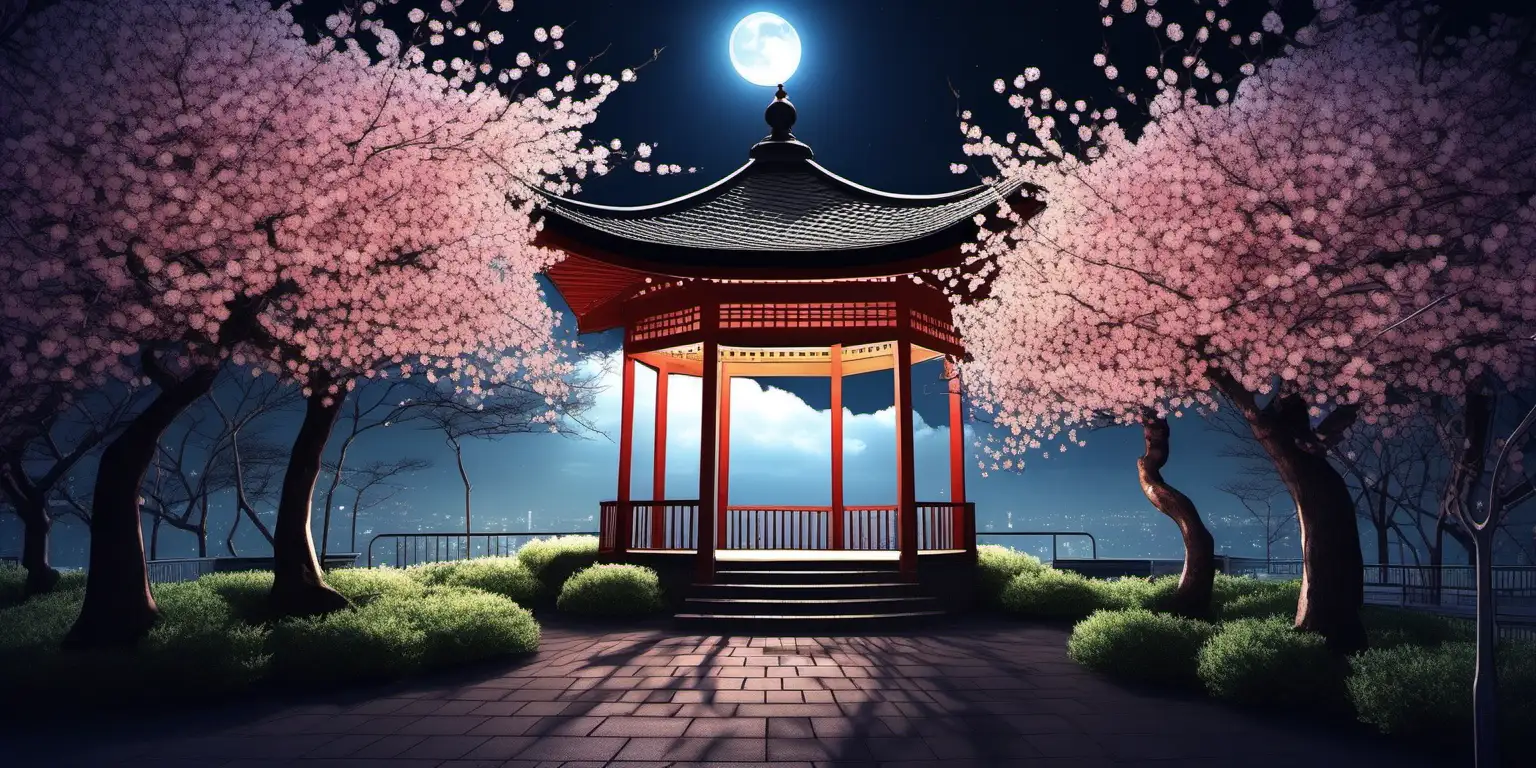 Moonlit Gazebo in Japanese Cherry Blossom Park at Night