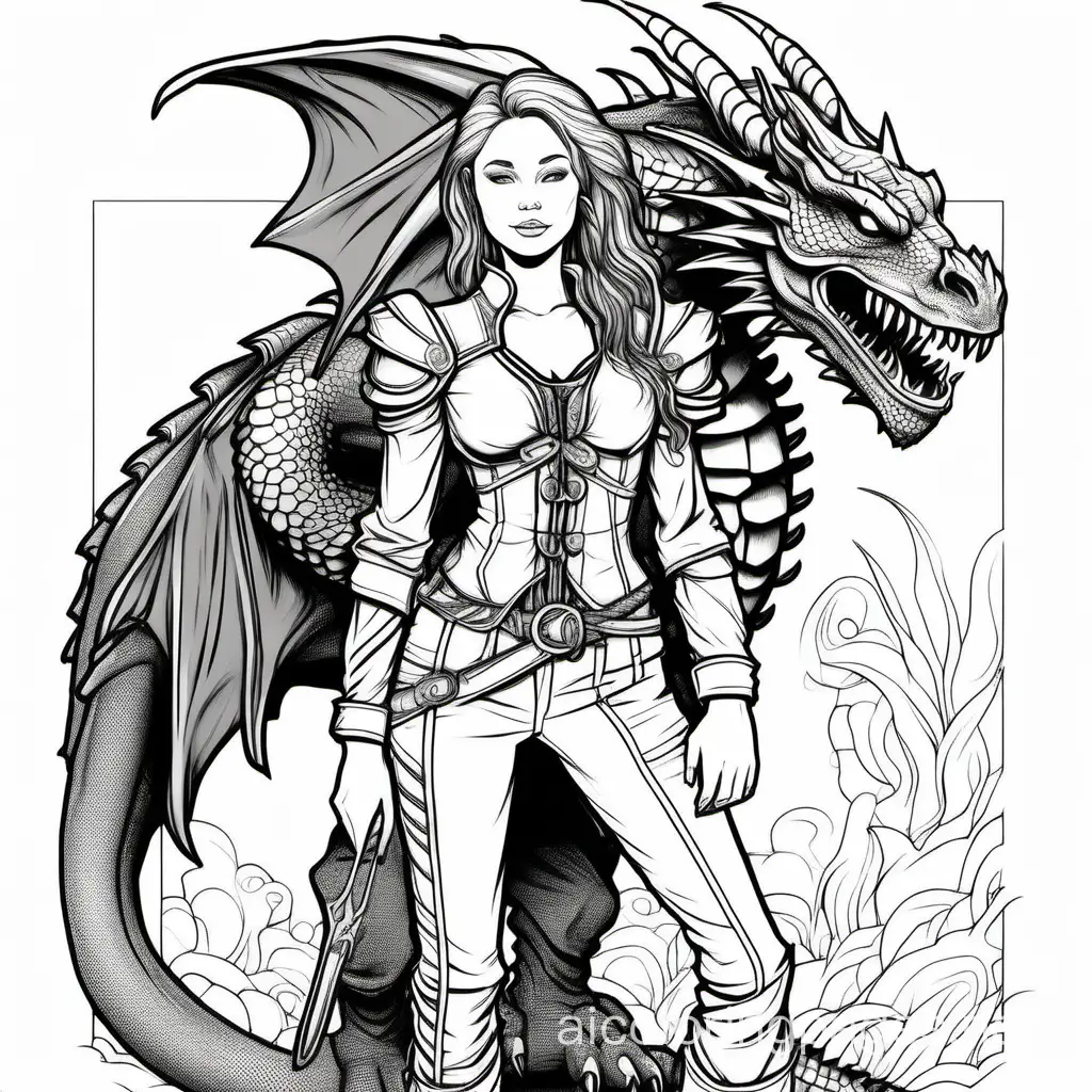 A warrior girl with braided hair she has a dragon scale corset over a long sleeve tight shirt leather trouser pants standing looking lovingly with her full body dragon who is standing tall beside her strong and majestic full framed, Coloring Page, black and white, line art, white background, Simplicity, Ample White Space. The background of the coloring page is plain white to make it easy for young children to color within the lines. The outlines of all the subjects are easy to distinguish, making it simple for kids to color without too much difficulty