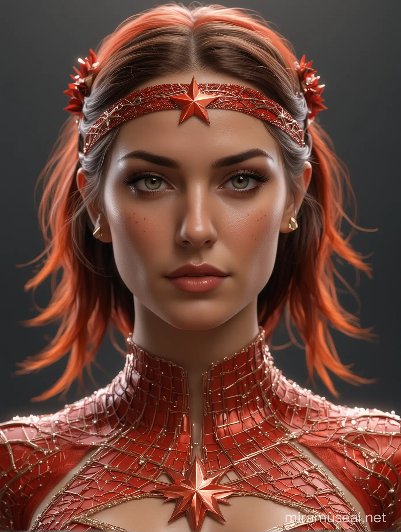 full body Photorealistic ultra realism high definition high quality picture of  beautiful sexy fractal Amazon Superhero, in red and copper , with Star Headband ,asymmetrical face details, stabilized face and eyes, stabilized diffusion.