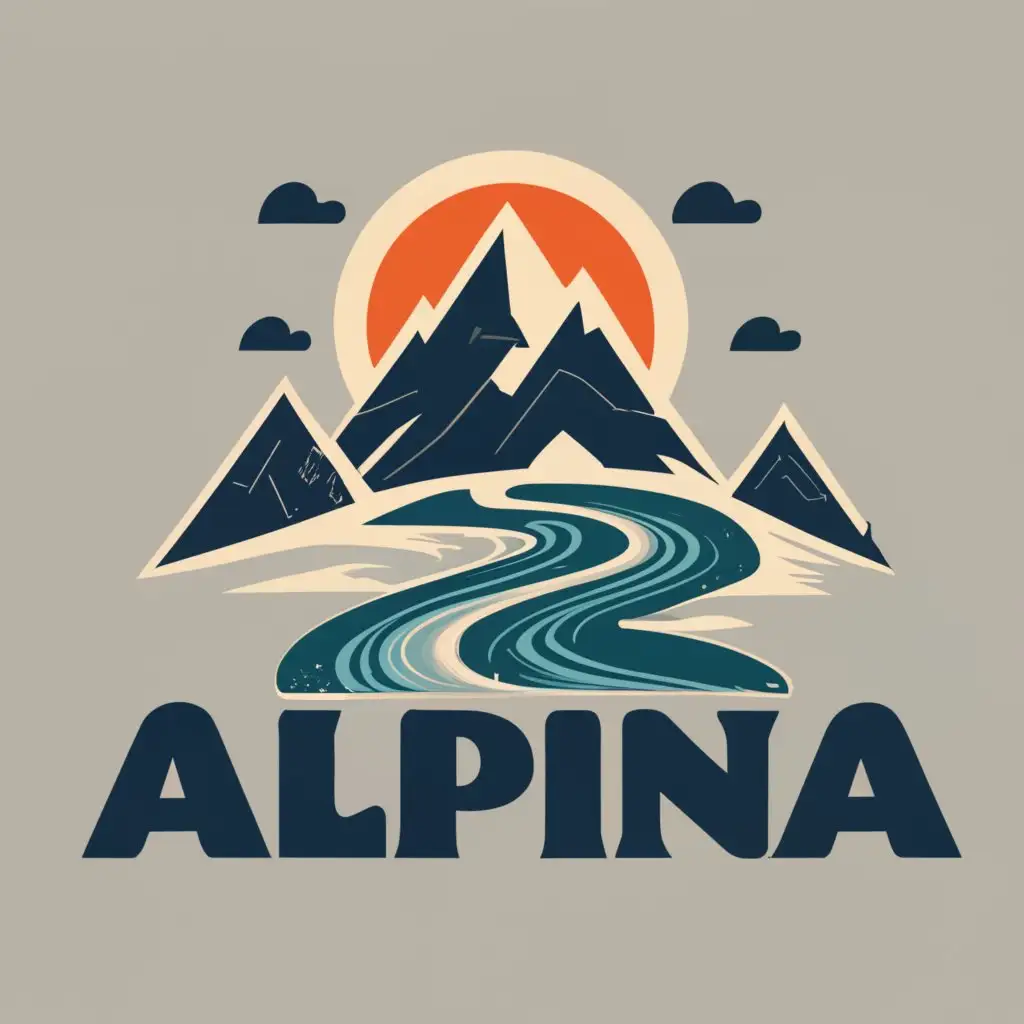logo, Mountains with a river, with the text "Alpina", typography, be used in Travel industry
