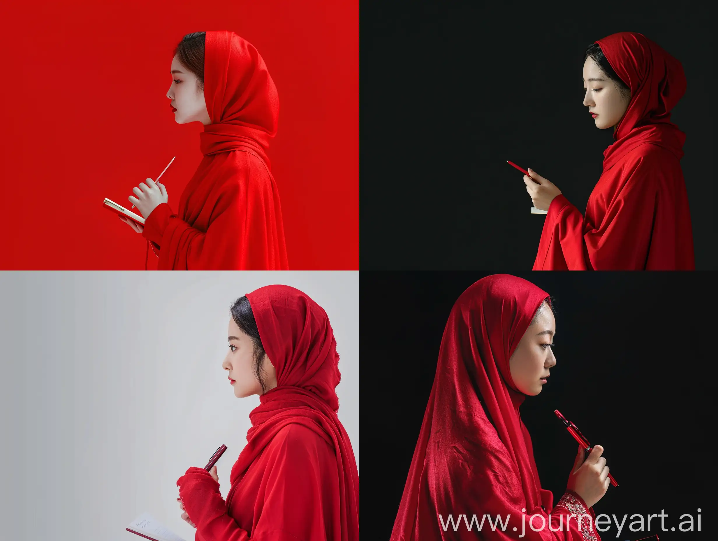 a banner image of an Asian student cloaked in red, wearing a red headscarf, holding a pen, viewed from the side