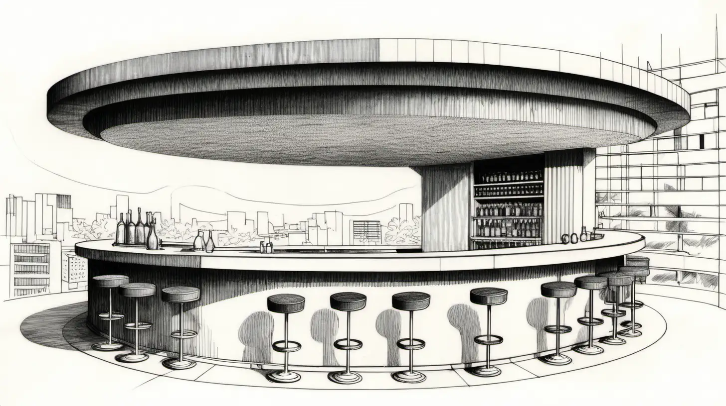 round cocktail bar, 1960s brutalist architecture, le corbusier pencil sketch style